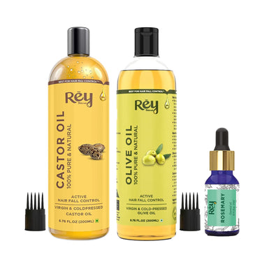 Rey Naturals Olive Oil, Rosemary Oil & Castor Oil For Hair Growth, Hairfall Control, Smooth Ends | Essential Oil & Cold Pressed Oil Set For Skin & Hair Care | All Skin & Hair Types -200ml*2+15ml